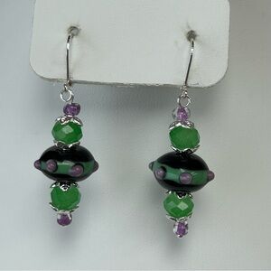 Wedding Cake Art Glass & Faceted Crystal Beaded Dangle Pierced Earrings